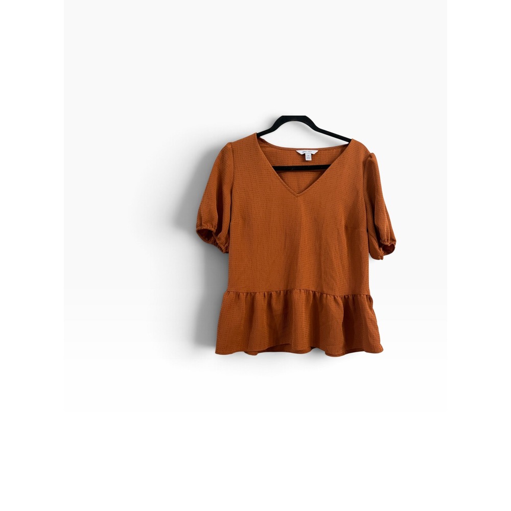 Nine West Womens Medium Rust Orange Textured Peplum V Neck Puff Sleeve Blouse